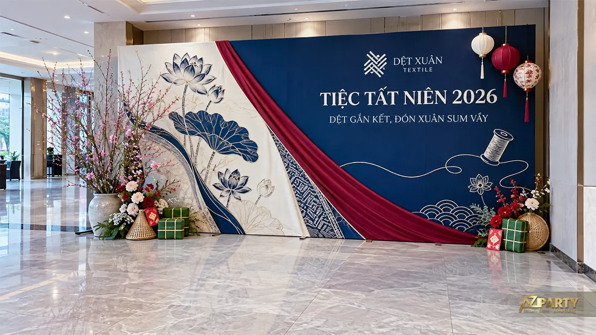 Backdrop xanh đậm và vải đỏ rượu với hoa sen, cành đào