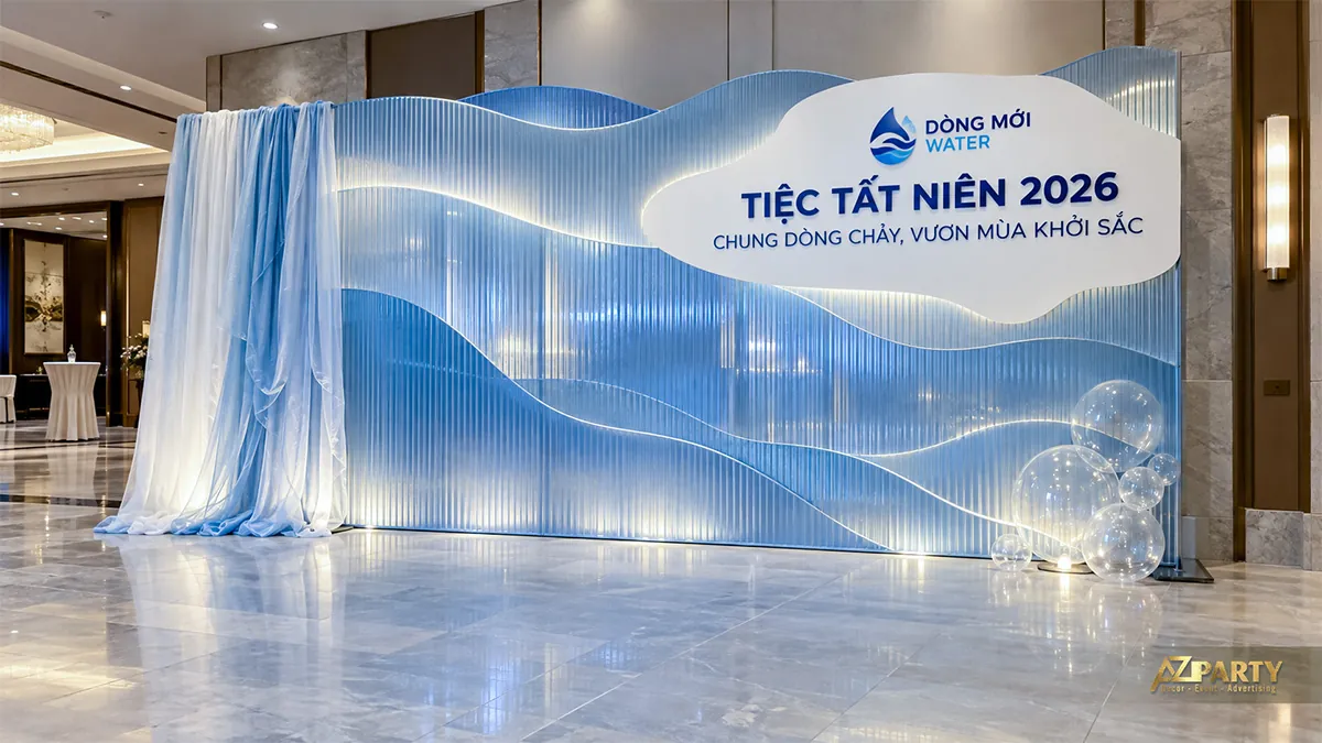 Vách xanh sóng nước phát sáng với rèm vải và bóng trong