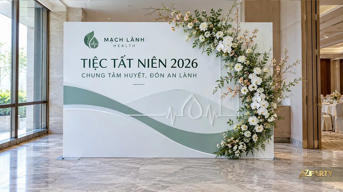 Vách xanh trắng có đường nhịp tim và hoa lan trắng bên phải
