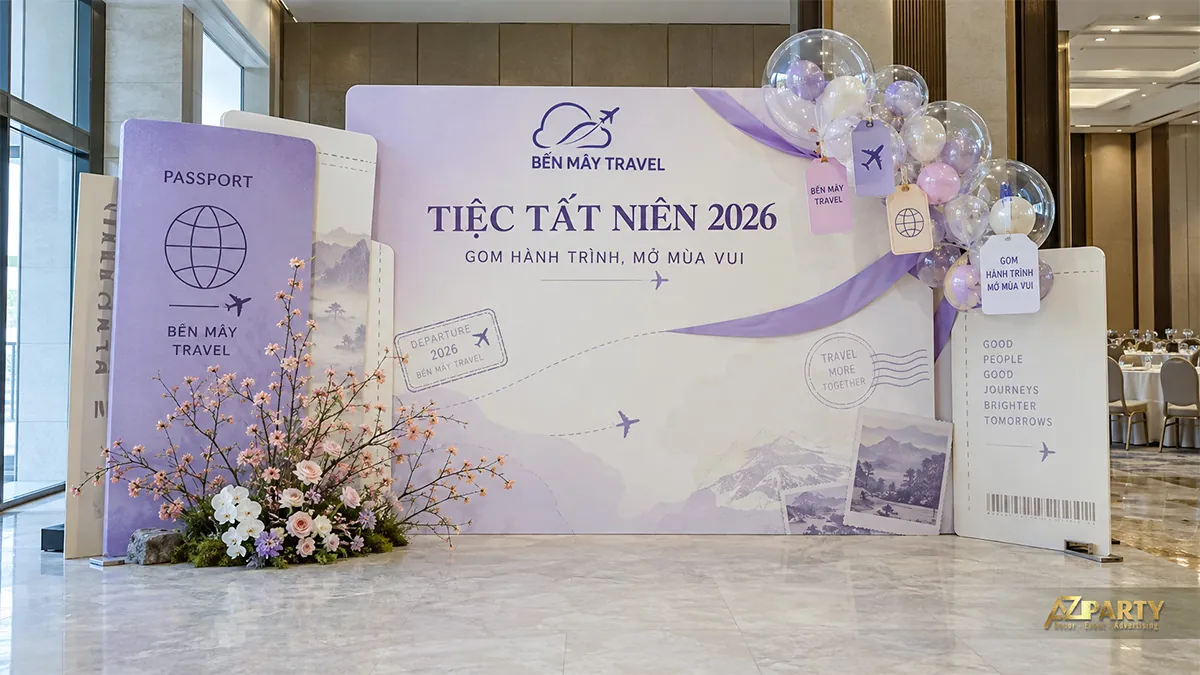 Backdrop tím nhạt chủ đề du lịch với hộ chiếu và bóng trong