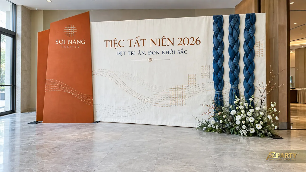 Phông vải trắng với bảng cam, các dải vải xanh thắt bím