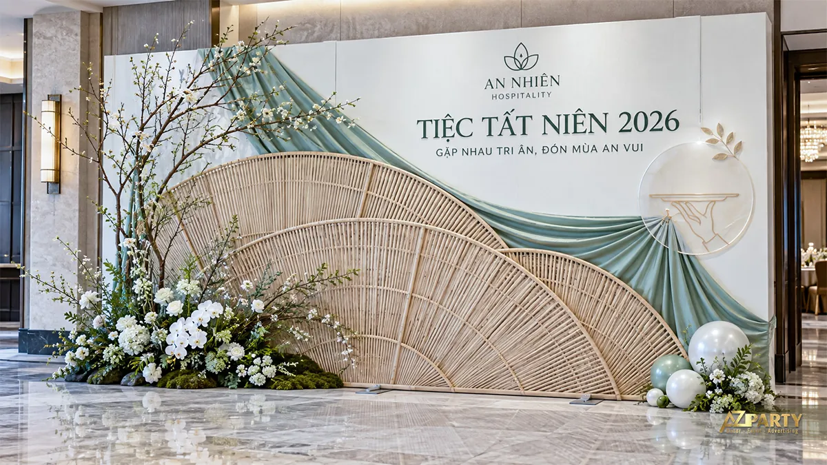 Vách mây tre hình quạt, vải xanh và hoa trắng bên trái