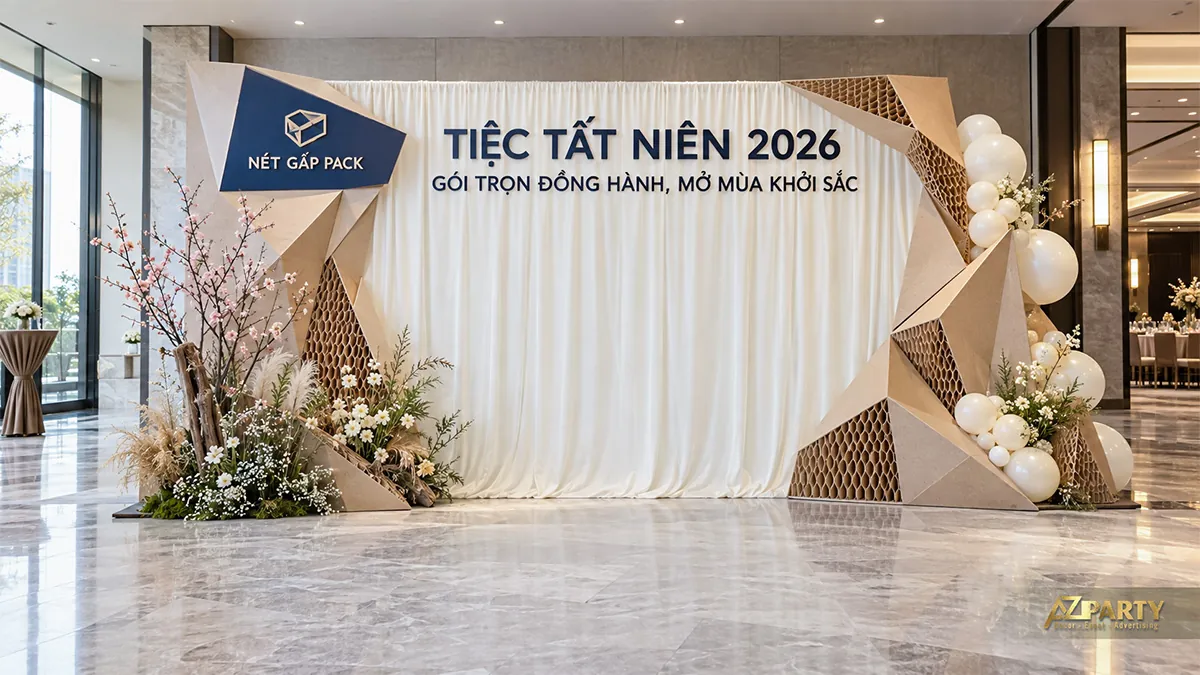 Vách giấy tổ ong và rèm trắng với cụm bóng kem hai bên