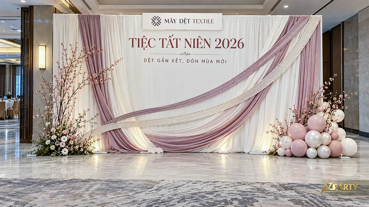 Backdrop rèm trắng hồng phủ chéo với bóng hồng bên phải