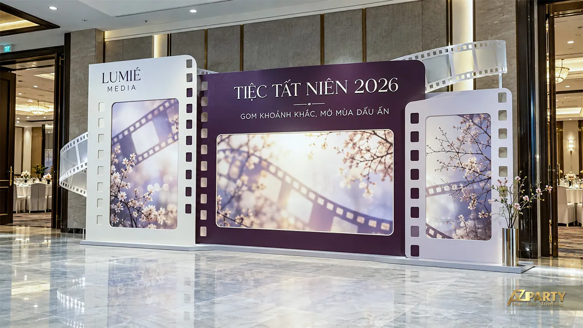 Backdrop tím trắng dạng khung phim với hình hoa đào