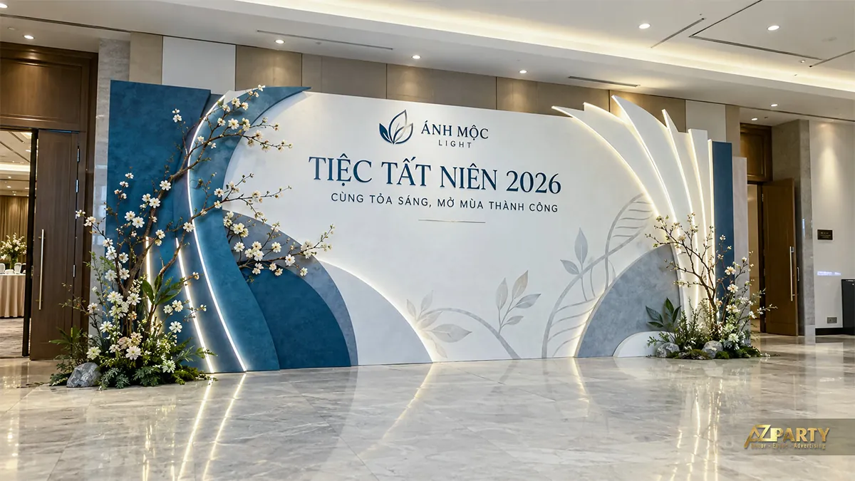 Phông xanh trắng có các cánh cong phát sáng và hoa hai bên