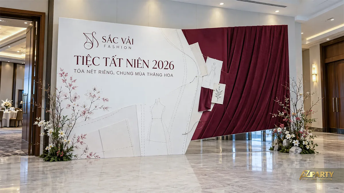 Vách trắng với bản phác thảo thời trang và rèm đỏ rượu