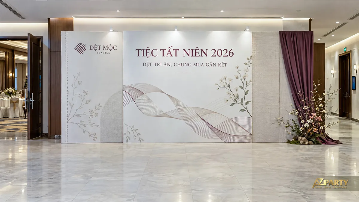 Backdrop trắng kem có đường lượn mảnh và rèm tím bên phải