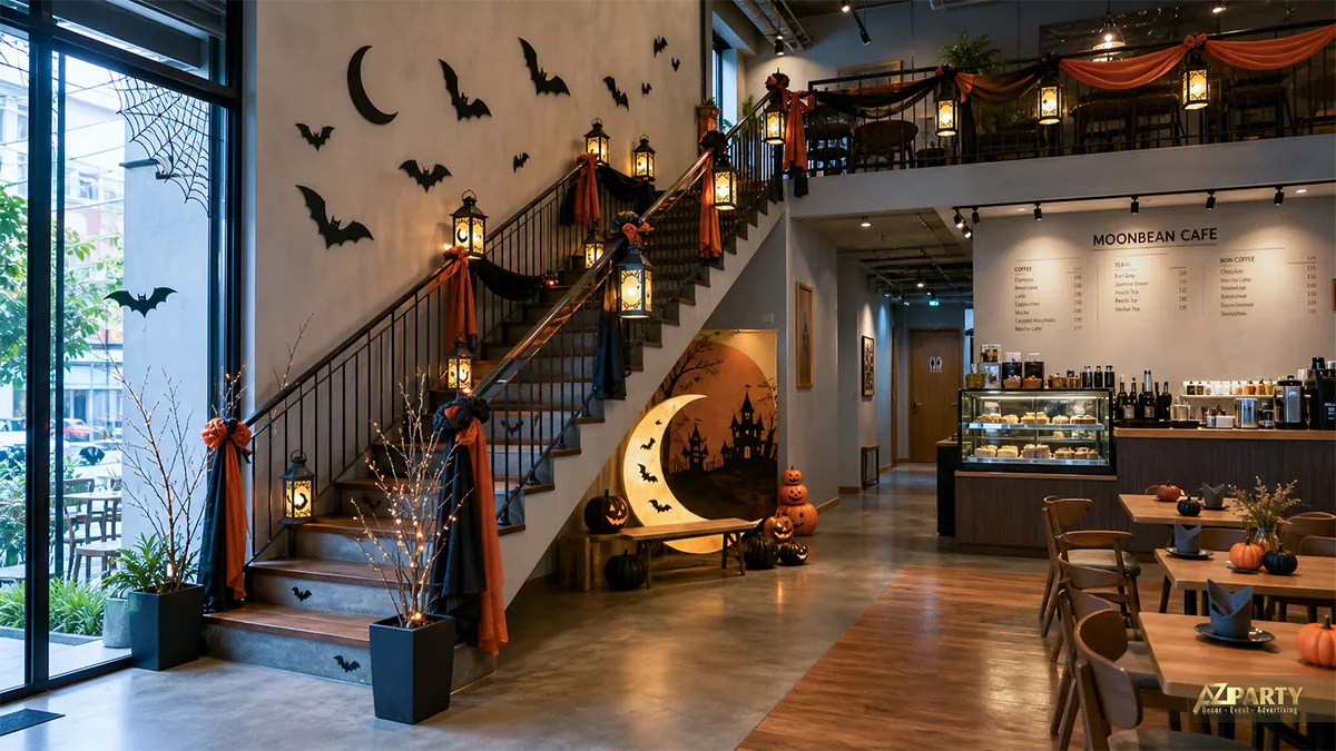 Cầu thang Moonbean Cafe phủ vải cam đen, đèn lồng, đàn dơi và tiểu cảnh trăng