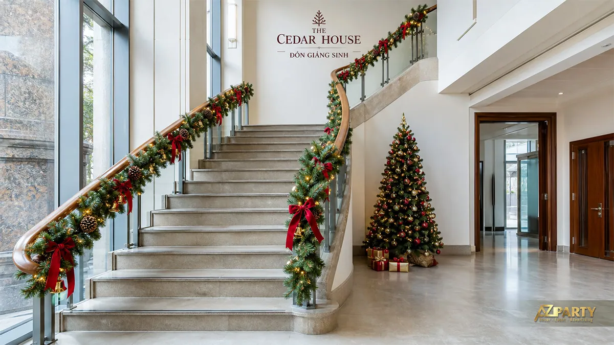 Cầu thang trang trí dây thông, nơ đỏ và cây Noel thắp sáng