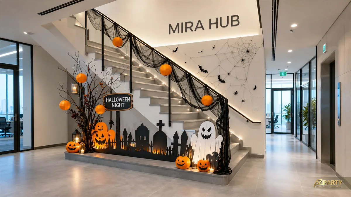 Cầu thang văn phòng trang trí nghĩa địa Halloween với đèn lồng, bí ngô và mạng nhện