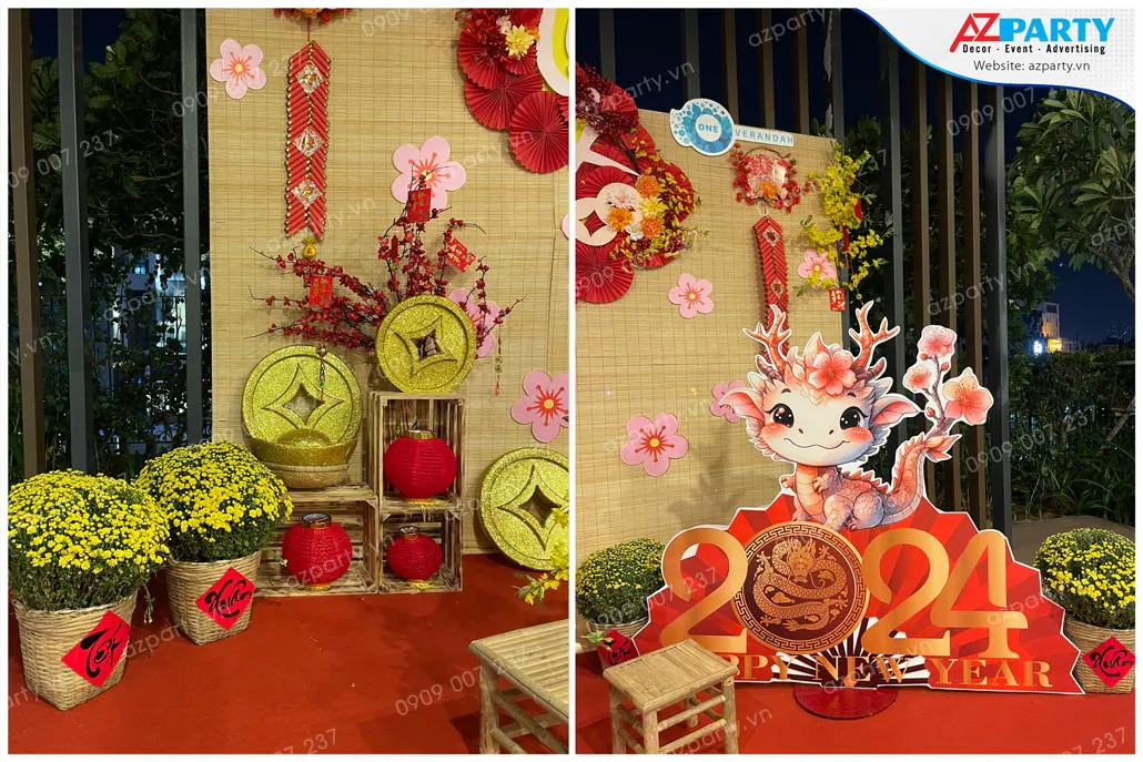 Hình ảnh cận cảnh chi tiết trang trí Tết 2024 tại chung cư One Verandah với mô hình linh vật rồng, đồng tiền vàng may mắn và chậu cúc mâm xôi nở rộ
