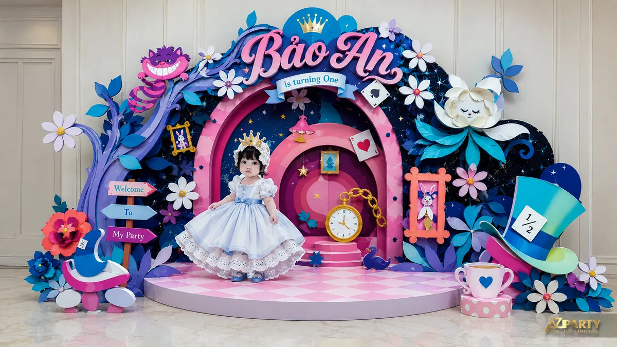 Concept sinh nhật Bảo An lấy cảm hứng Alice xứ sở thần tiên với đồng hồ, quân bài và hoa lớn