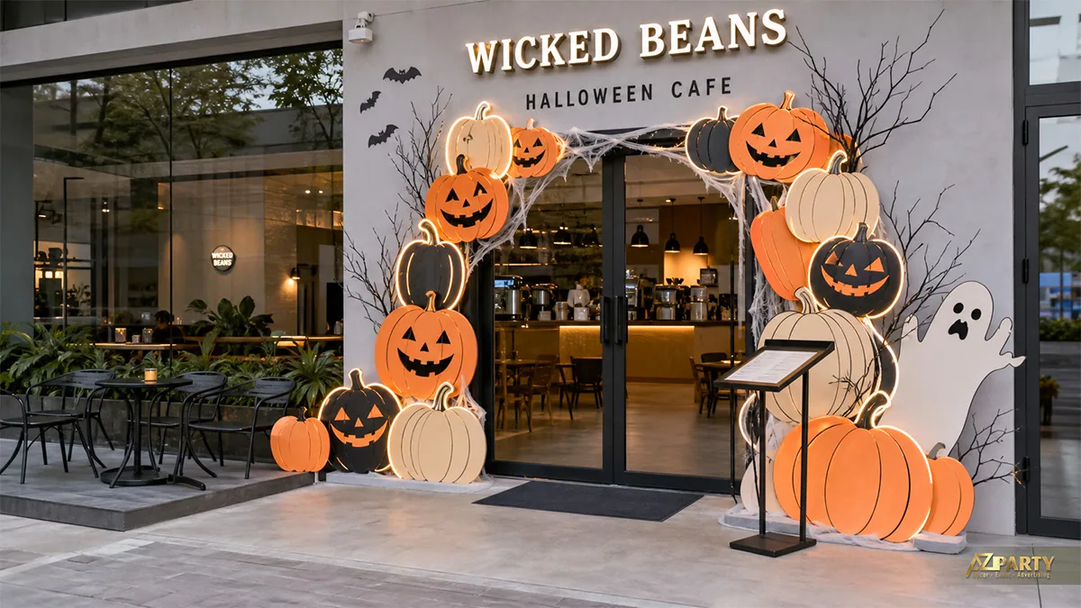 Cổng bí ngô phát sáng tại Wicked Beans Halloween Cafe với ma trắng và mạng nhện