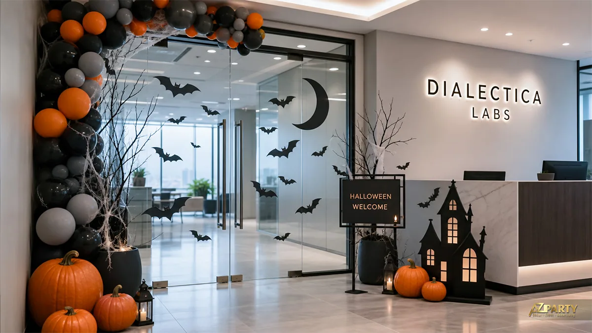 Cổng bóng Halloween tại quầy lễ tân văn phòng với lâu đài đen, dơi và bí ngô
