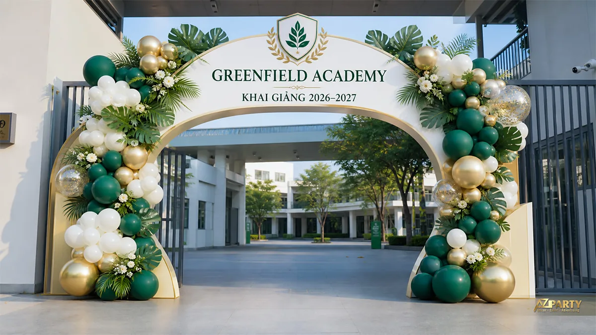 Cổng bóng khai giảng Greenfield Academy màu xanh lá, trắng và vàng đồng kết hợp lá nhiệt đới