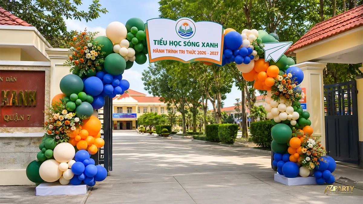 Cổng bóng xanh lá xanh dương với bảng hình quyển sách và máy bay giấy