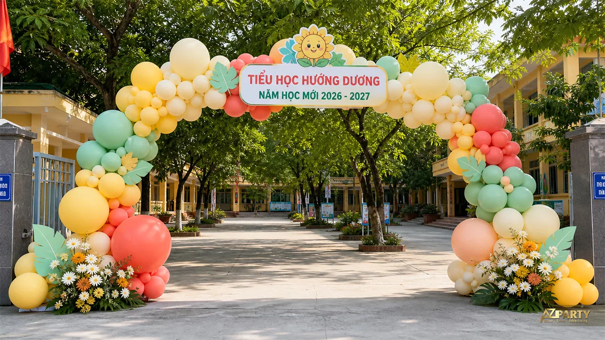 Cổng bóng pastel vàng xanh hồng với hoa hướng dương chào năm học mới