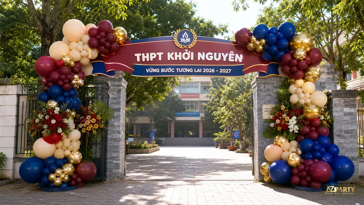 Cổng bóng đỏ đô xanh navy ánh vàng và hoa tươi tại trường THPT