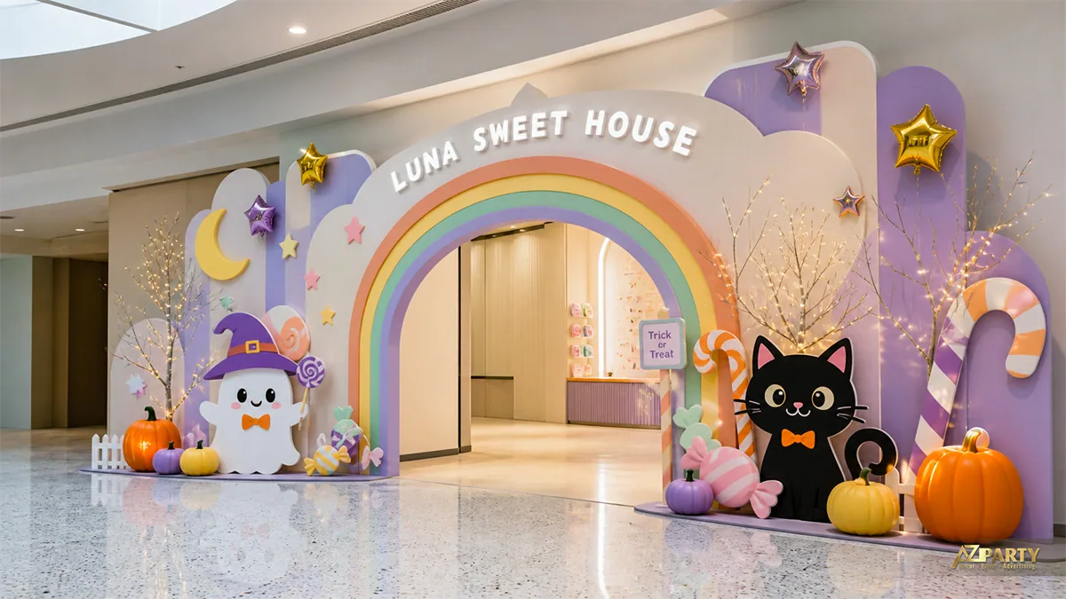Cổng cầu vồng Halloween pastel với ma đội nón, mèo đen, kẹo và bí ngô