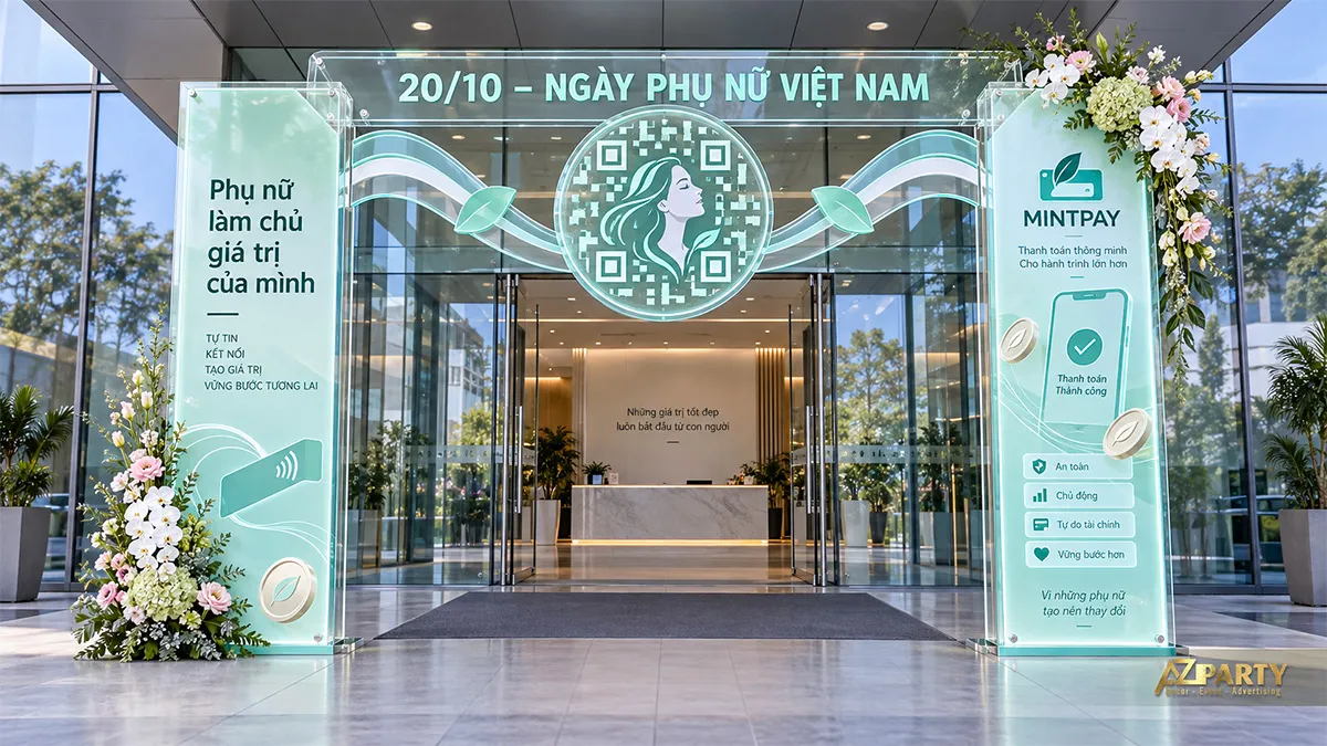 Cổng chào 20/10 phong cách công nghệ trong suốt với biểu tượng thanh toán số