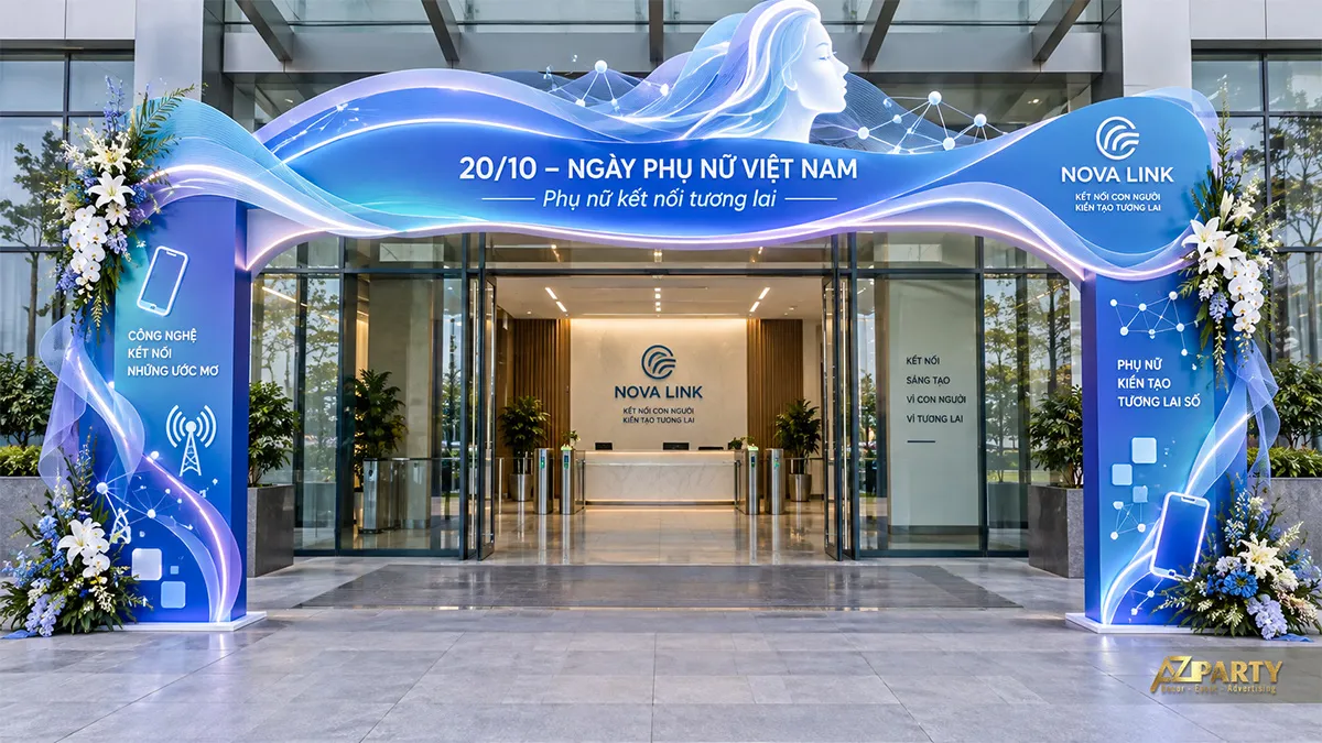 Cổng chào màu xanh dương cho doanh nghiệp công nghệ với đường sóng và hoa trắng xanh