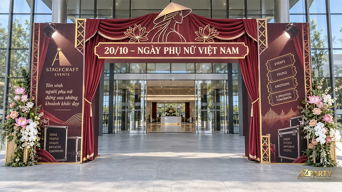 Cổng chào màu đỏ rượu mô phỏng sân khấu sự kiện với rèm nhung và đèn chiếu