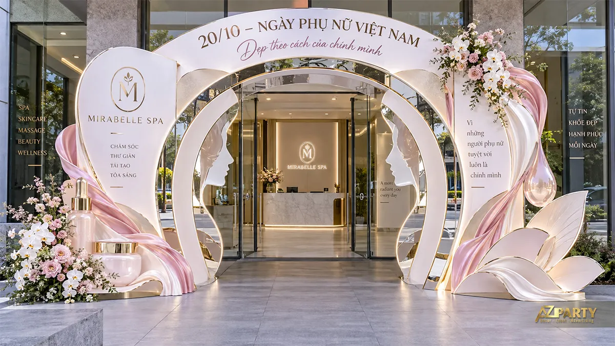 Cổng chào 20/10 cho spa màu hồng kem với gương tròn, mỹ phẩm và hoa lan
