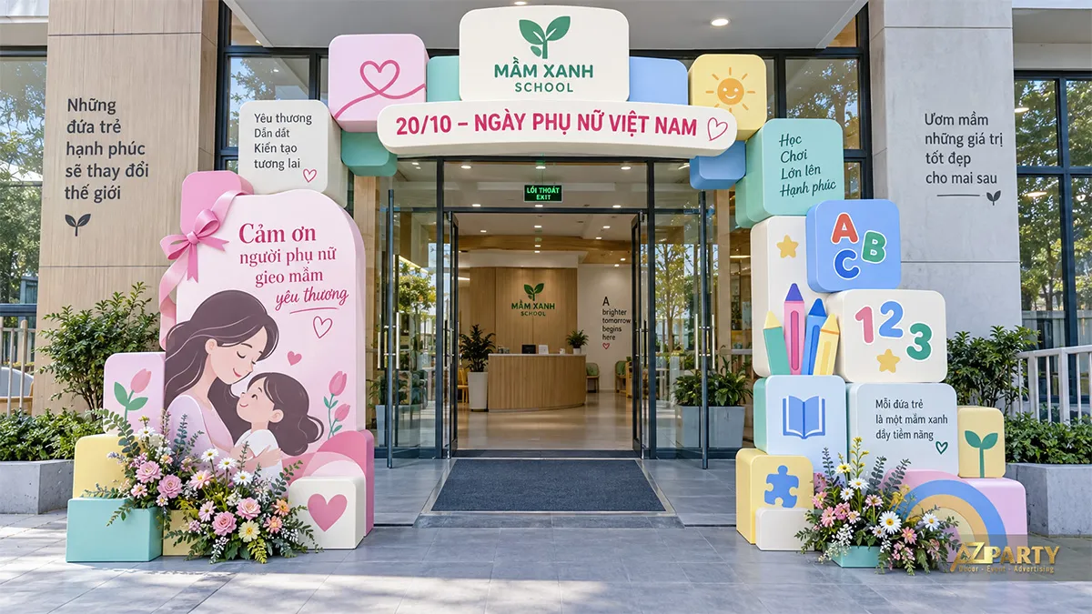 Cổng chào 20/10 cho trường mầm non với bảng chữ cái, bút màu và hình mẹ bên con
