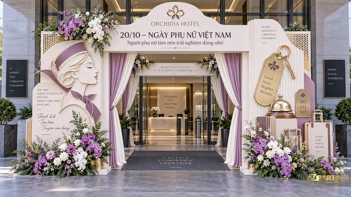 Cổng chào Ngày Phụ nữ Việt Nam cho khách sạn màu tím kem với hành lý và chìa khóa phòng