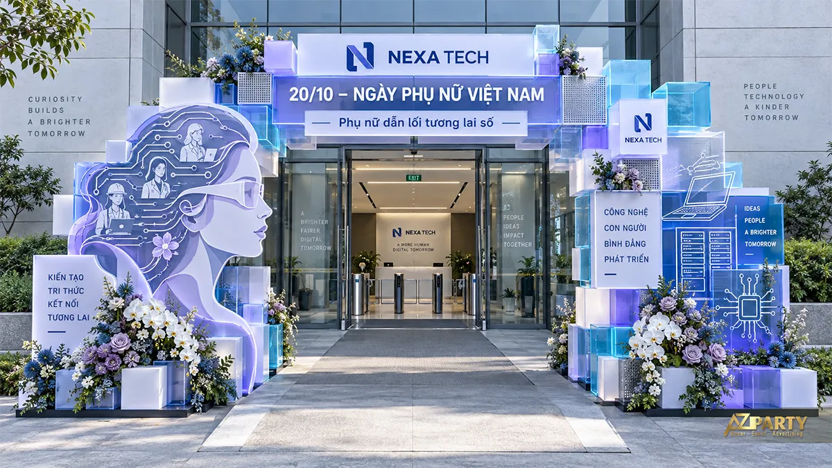 Cổng chào doanh nghiệp công nghệ màu xanh tím với mô hình chip và khối hộp phát sáng