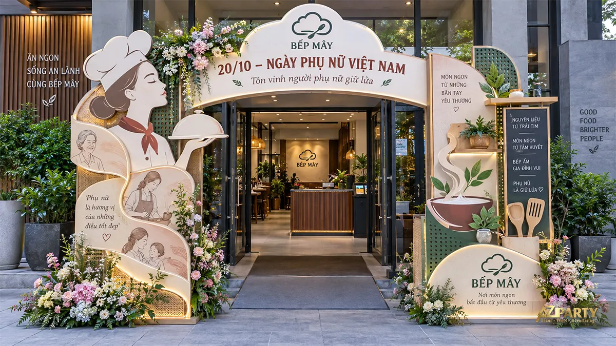 Cổng chào 20/10 cho nhà hàng với hình nữ đầu bếp, món ăn và mảng xanh