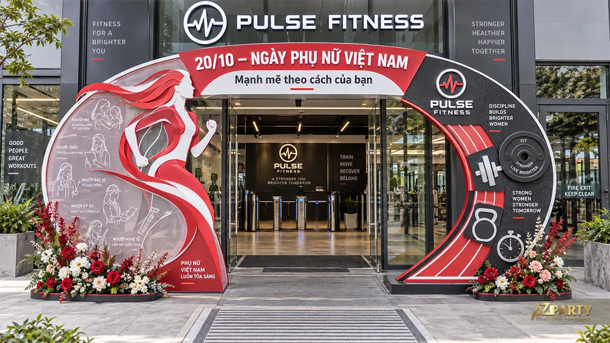Cổng chào phòng gym màu đỏ đen với hình nữ vận động viên, tạ và đồng hồ