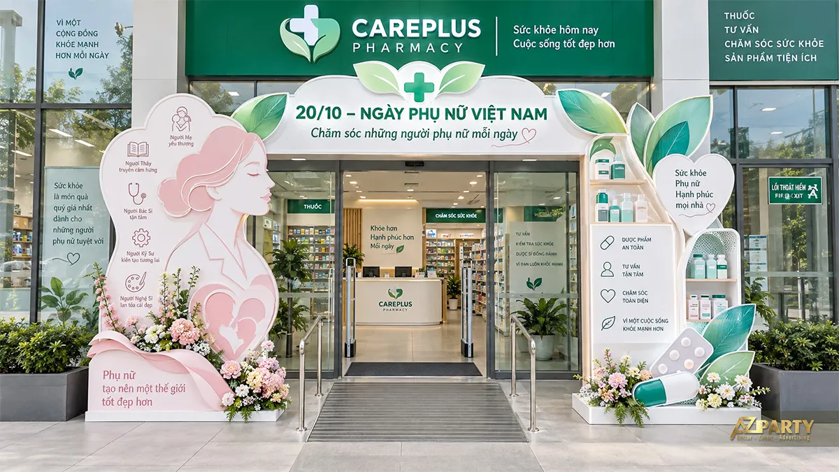 Cổng chào 20/10 cho nhà thuốc với lá xanh, biểu tượng y tế và hình người phụ nữ