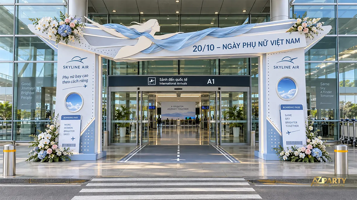 Cổng chào Ngày Phụ nữ Việt Nam tại sân bay với hình máy bay, thẻ lên tàu và hoa xanh trắng