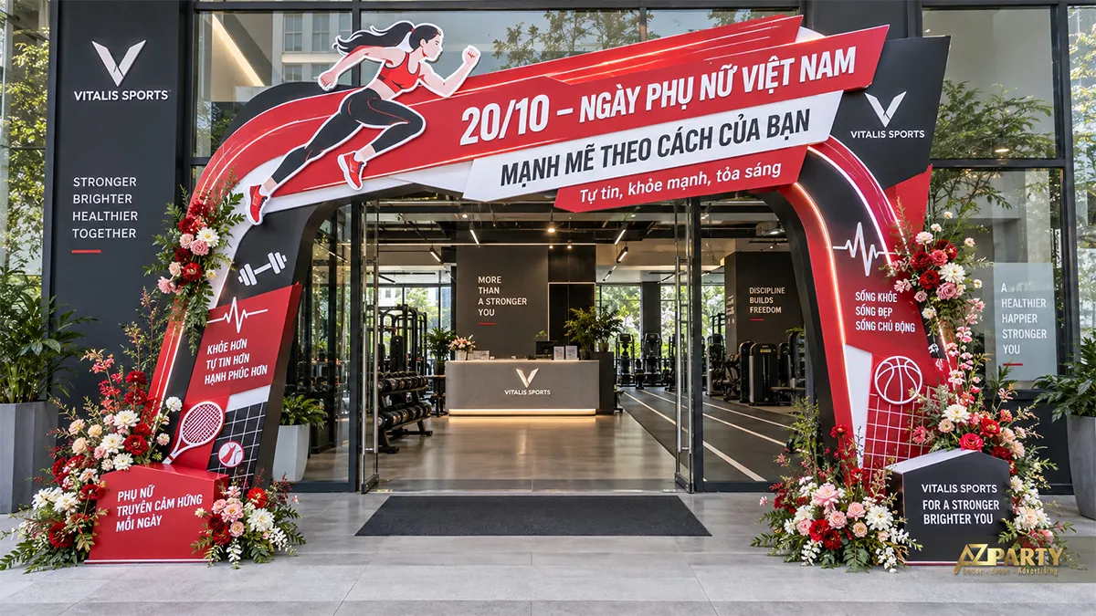 Cổng chào 20/10 đỏ đen cho trung tâm thể thao với hình nữ chạy bộ và dụng cụ tập luyện