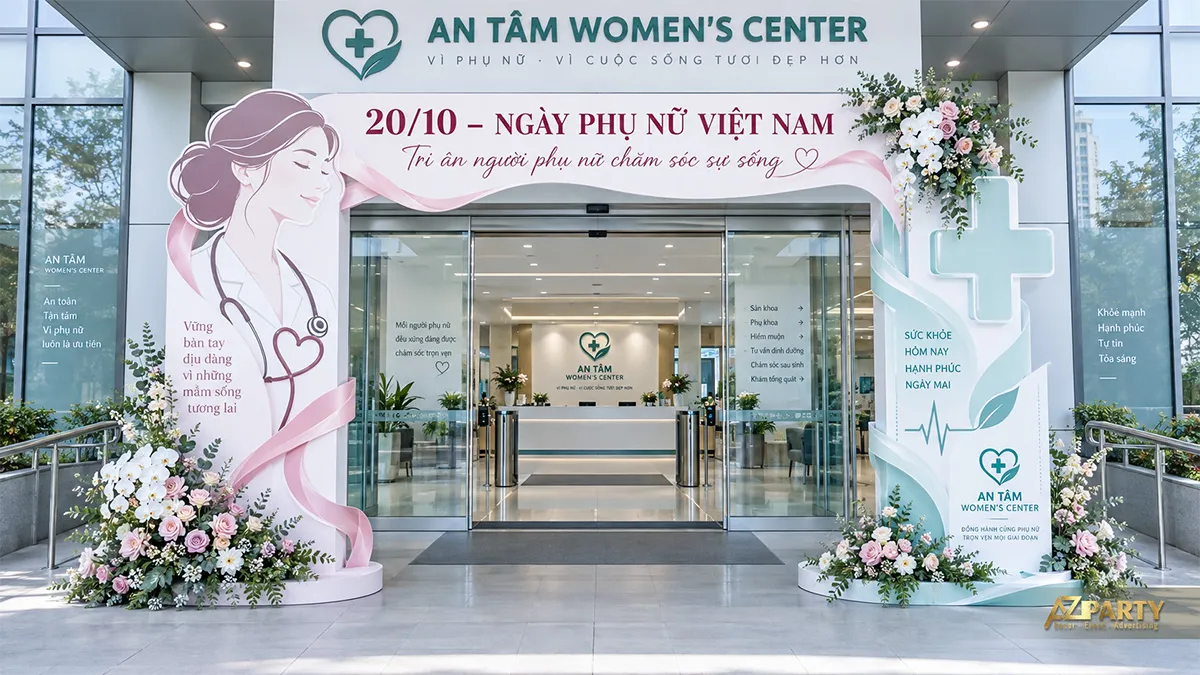 Cổng chào Ngày Phụ nữ Việt Nam cho trung tâm chăm sóc sức khỏe với nữ bác sĩ và biểu tượng y tế