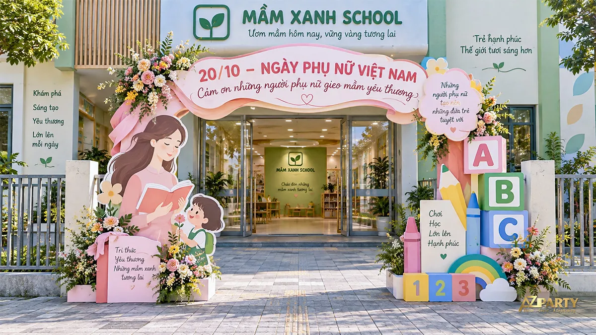 Cổng chào 20/10 cho trường mầm non với cô giáo, học sinh và khối chữ cái nhiều màu