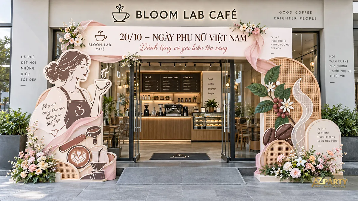 Cổng chào Ngày Phụ nữ Việt Nam cho quán cà phê với nữ barista, hạt cà phê và mây tre