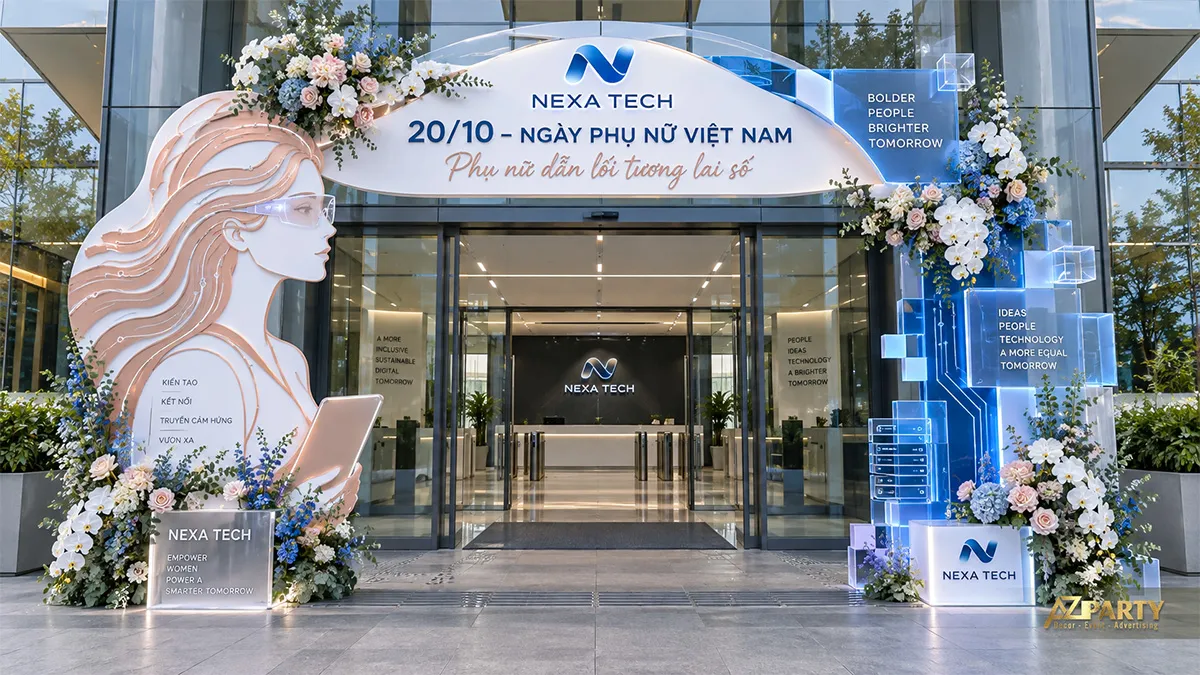 Cổng chào doanh nghiệp công nghệ màu xanh hồng với hình phụ nữ và mạch điện phát sáng