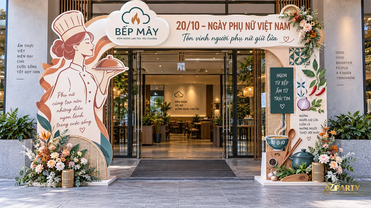 Cổng chào Ngày Phụ nữ Việt Nam cho nhà hàng với nữ đầu bếp và các nguyên liệu món Việt