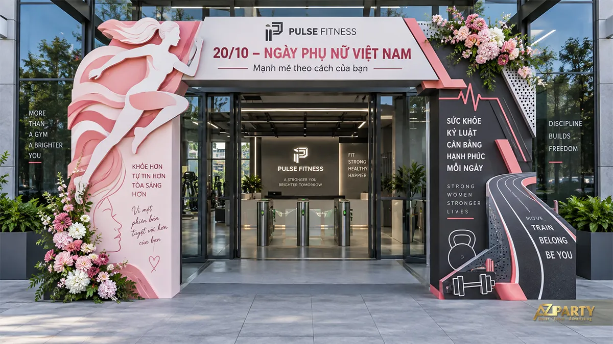 Cổng chào phòng gym màu hồng đen với hình nữ chạy bộ, đường chạy và tạ tay