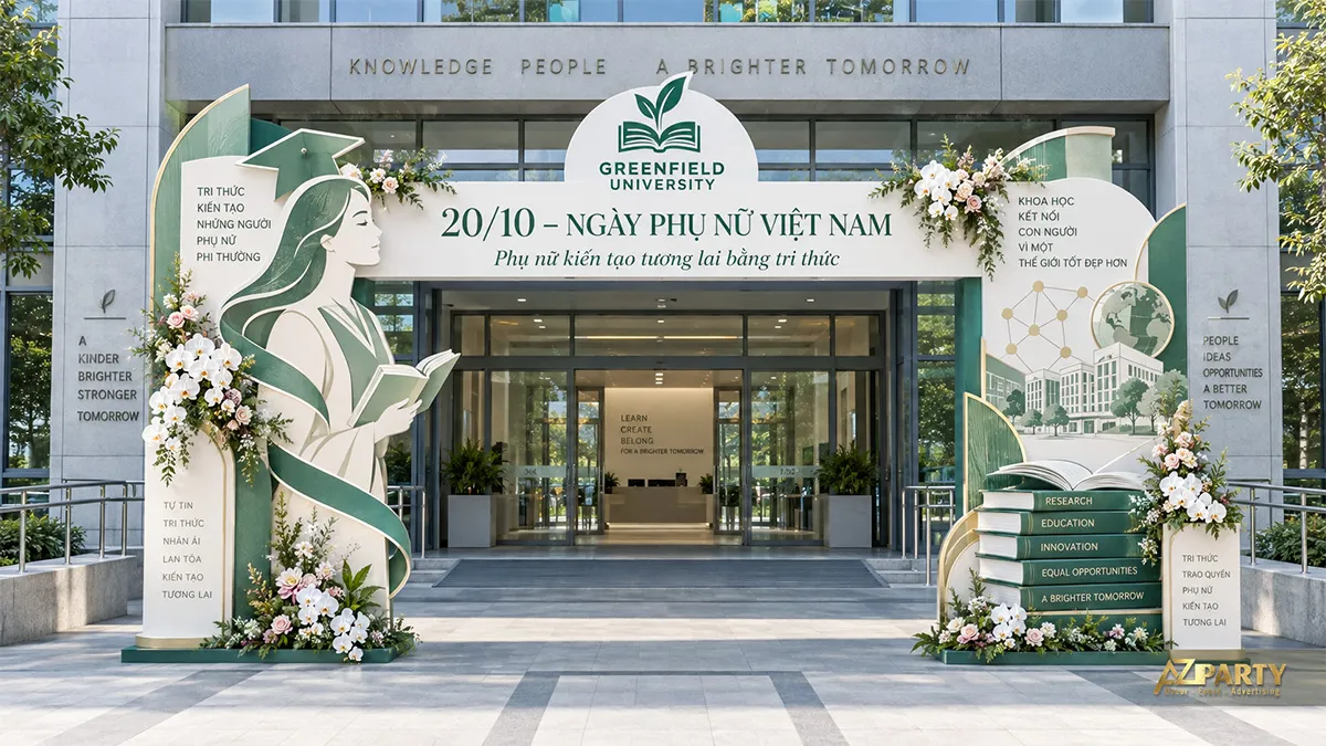 Cổng chào Ngày Phụ nữ Việt Nam cho trường đại học với sách, quả địa cầu và nữ sinh