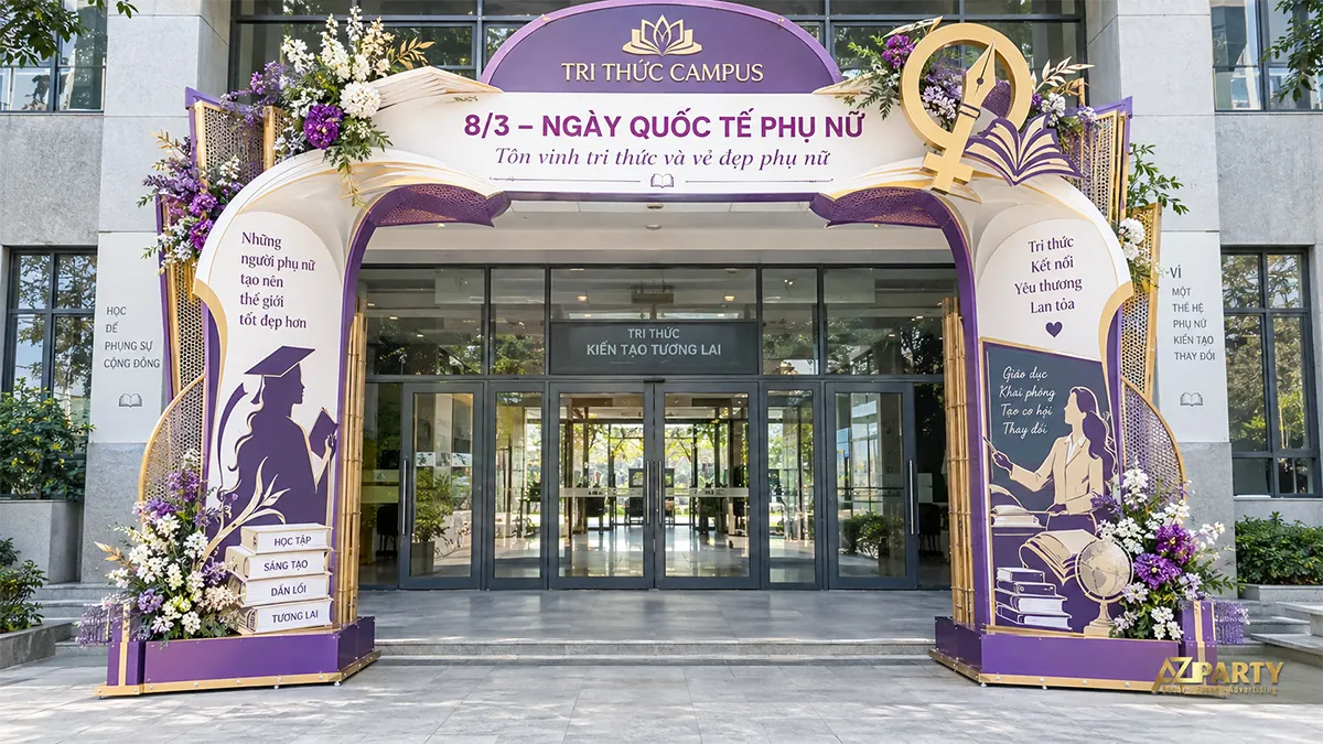 Cổng vòm tím kem với hình nữ sinh tốt nghiệp, cô giáo và mô hình sách