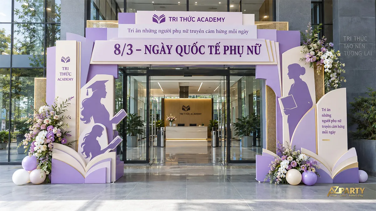 Cổng trước trường học với các lớp hình cuốn sách và hoa tím trắng