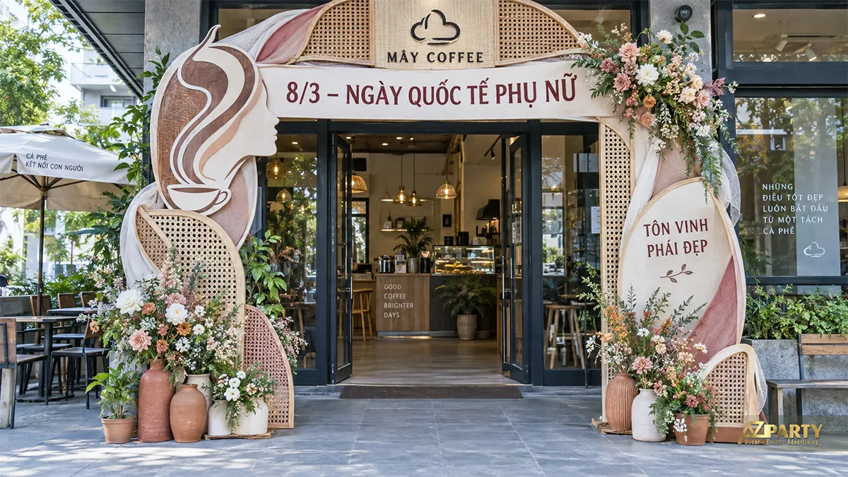 Cổng vòm màu mây tre với tách cà phê, chân dung phụ nữ và bình hoa