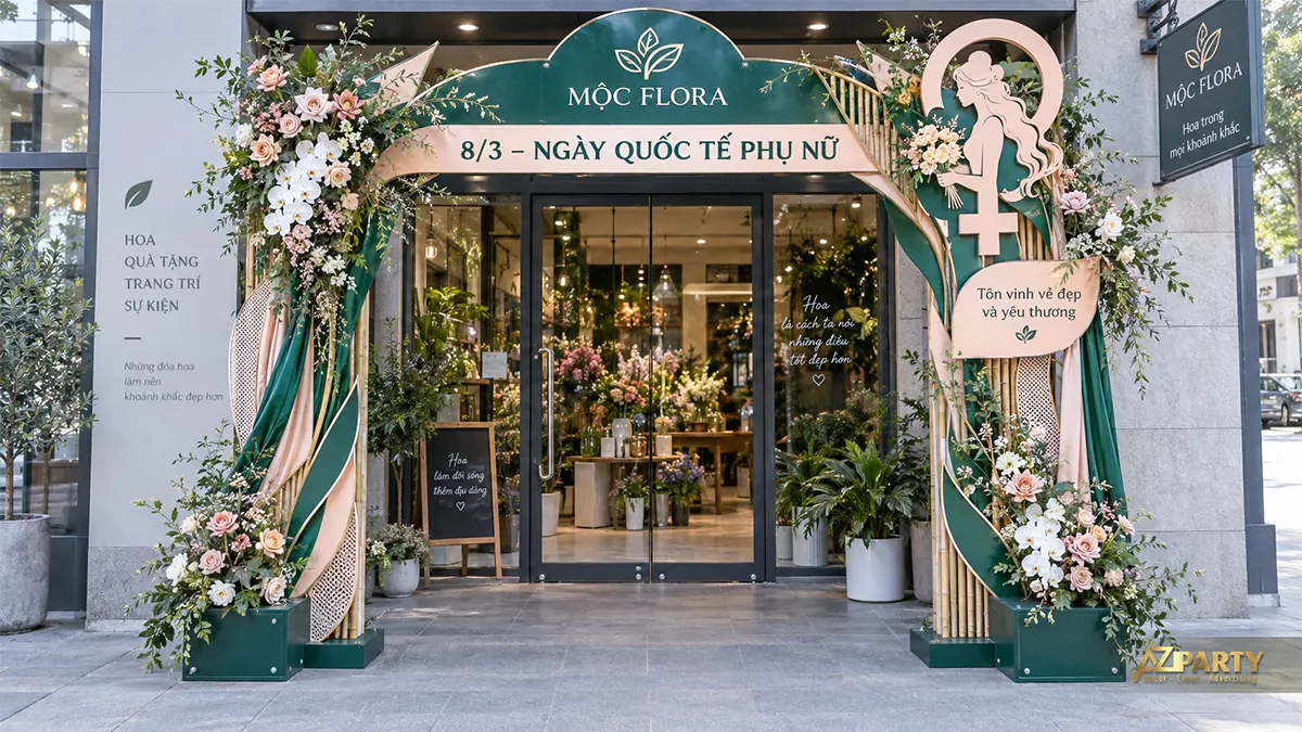 Cổng cửa hàng hoa xanh đậm hồng đào với hình phụ nữ cầm bó hoa