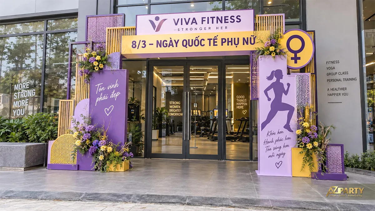 Cổng phòng tập tím vàng với hình người chạy bộ và biểu tượng nữ