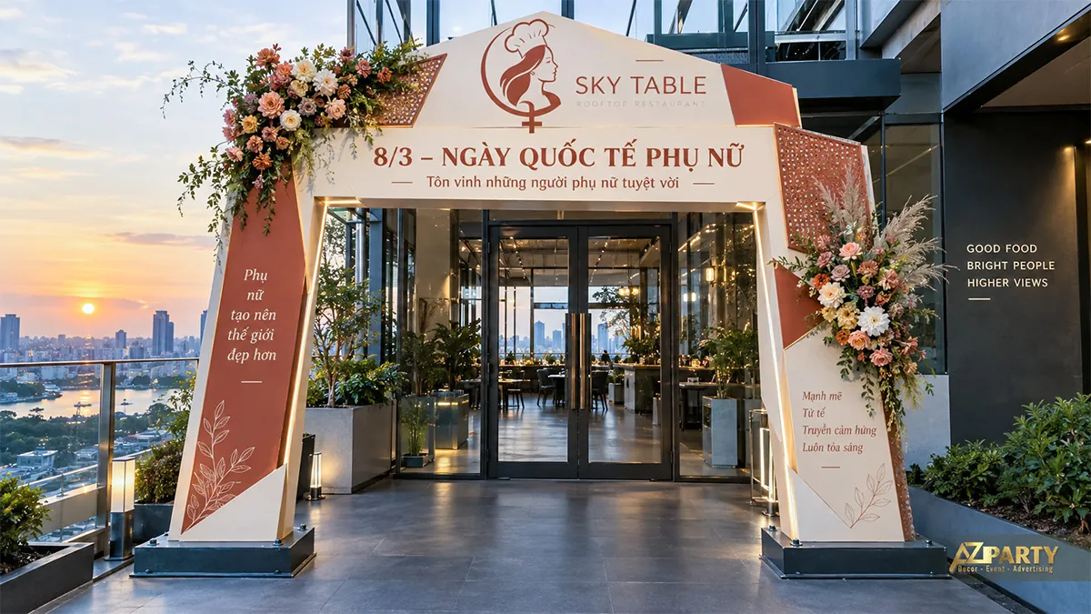 Cổng nhà hàng trên cao màu kem cam đất với nữ đầu bếp và hoa