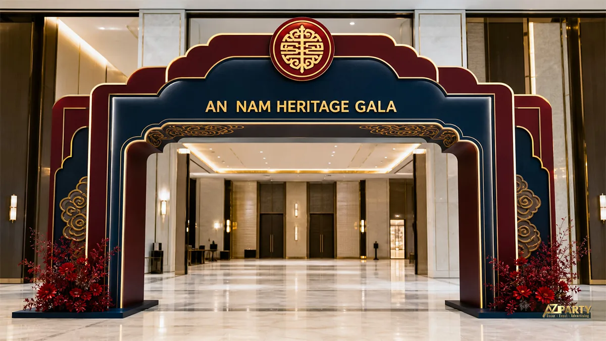 Cổng gala An Nam màu xanh đậm, đỏ đô viền vàng với hoa văn truyền thống và hai cụm lá đỏ